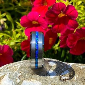 Custom tungsten and opal unisex ring